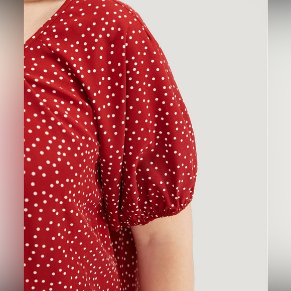 NWT- Bloomchic Polka Dot Pleated Round Neck Puff Sleeve Blouse - Picture 8 of 11